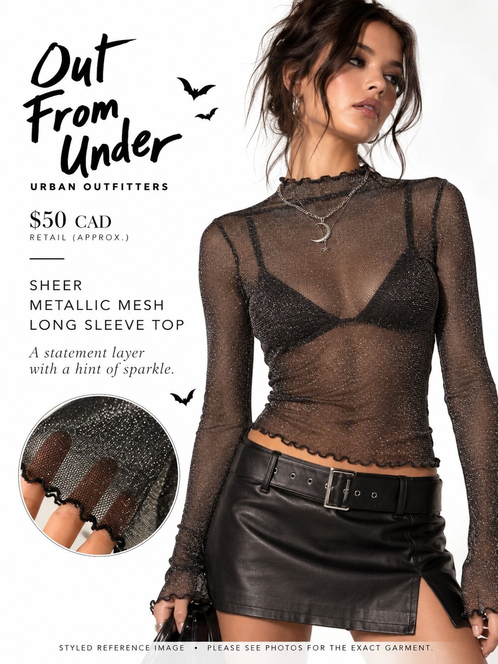 Out From Under Urban Outfitters Metallic Sheer Mesh Long Sleeve Top L Y2K Goth ✨